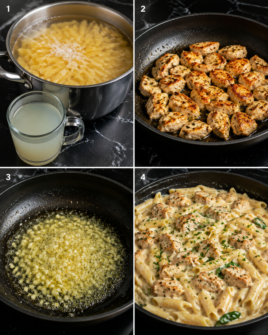 Steps for making creamy garlic herb chicken pasta in a skillet