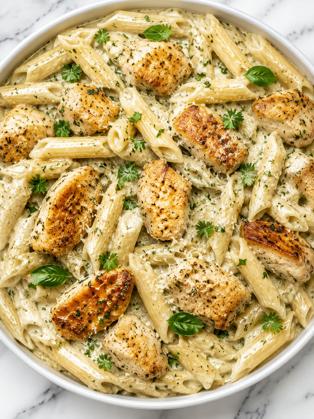 Creamy garlic herb chicken pasta filling a bowl with parmesan and basil