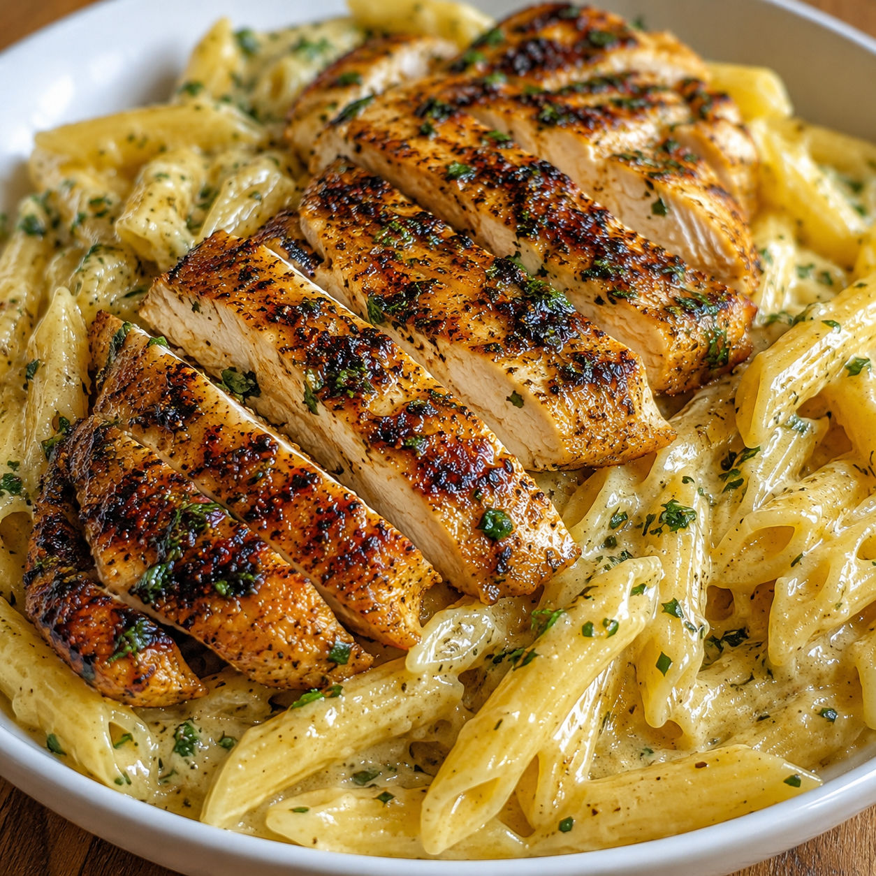 Creamy garlic herb chicken with cheesy penne and parsley in a white bowl