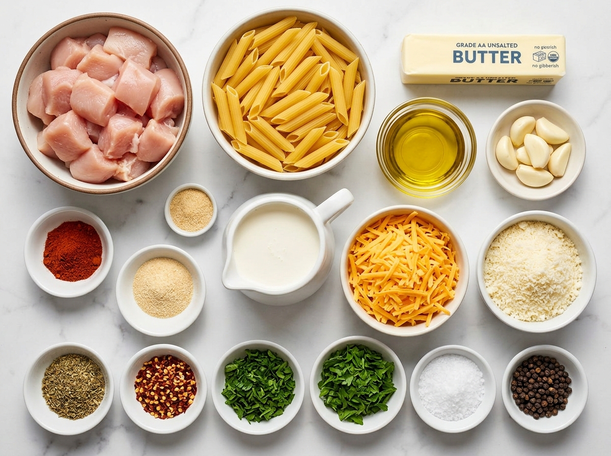 Ingredients for creamy garlic herb chicken with cheesy penne on a wooden table