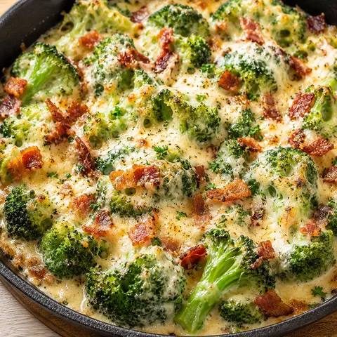 Creamy garlic parmesan broccoli with bacon in a skillet