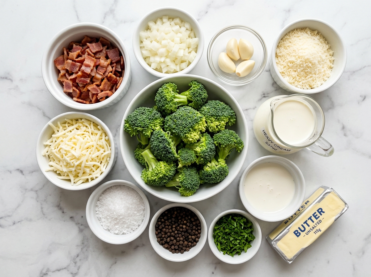 Ingredients for creamy garlic parmesan broccoli bacon on a wooden surface
