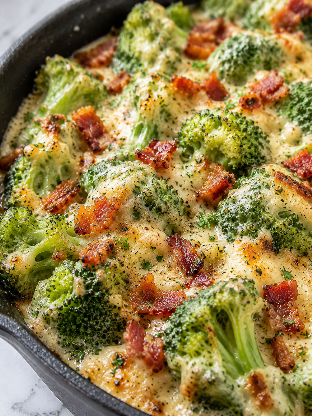 Creamy Garlic Parmesan Broccoli Bacon, plated and served