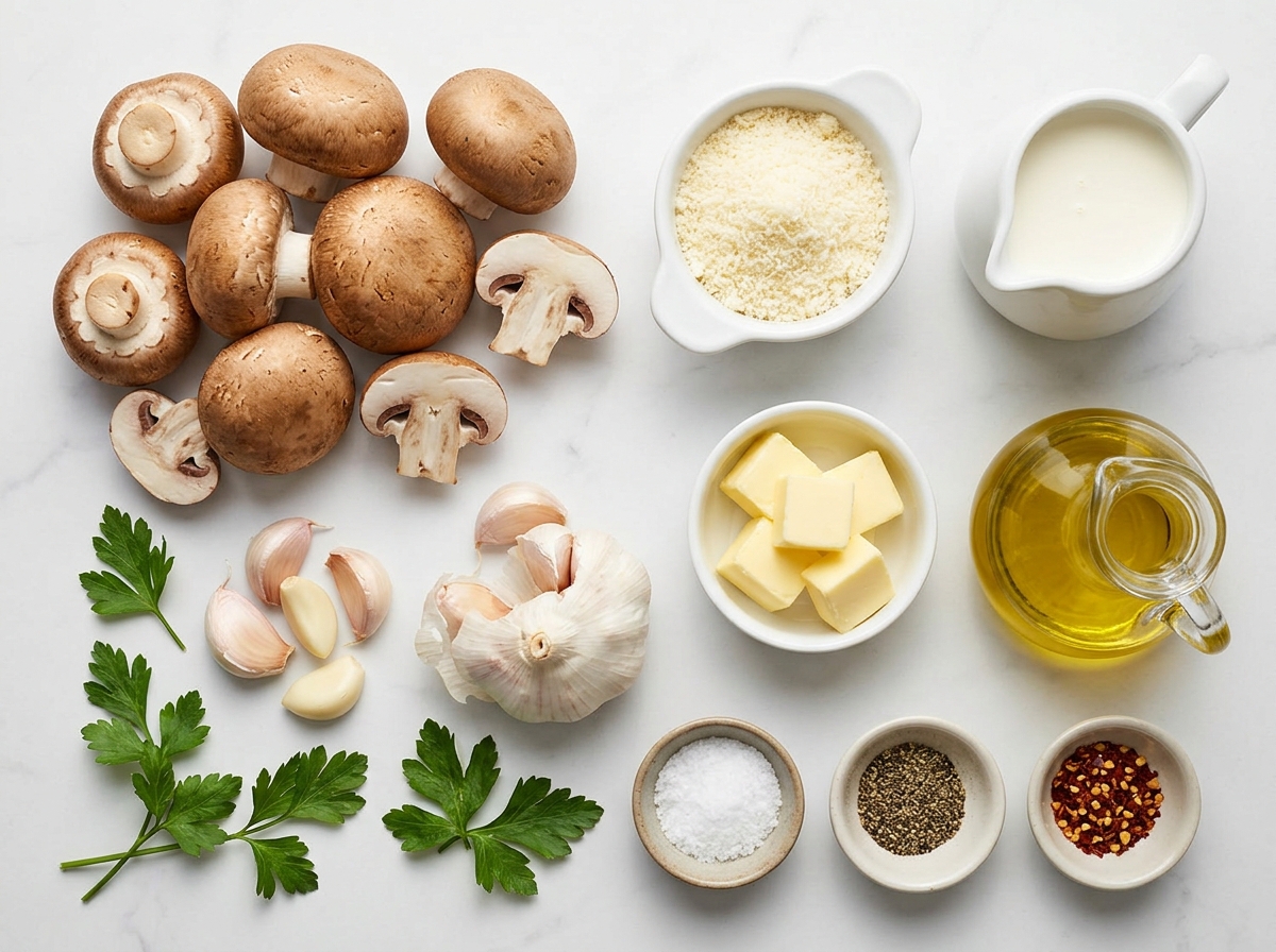 Ingredients for creamy garlic parmesan mushrooms on a stone counter