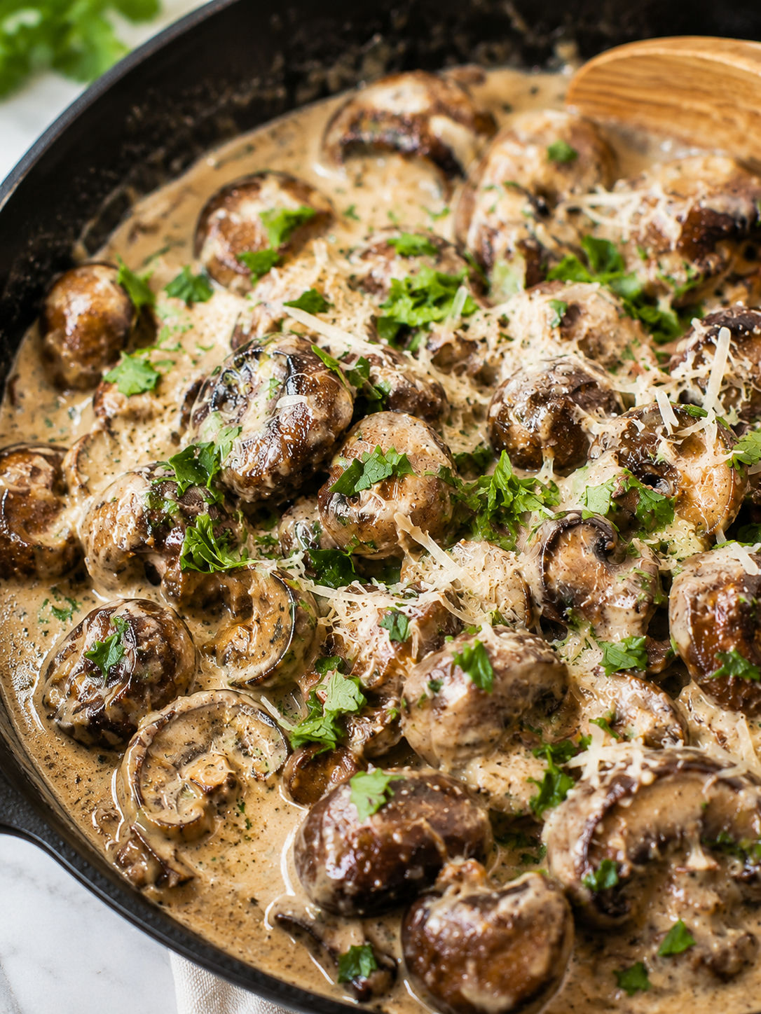 Creamy Garlic Parmesan Mushrooms, plated and served