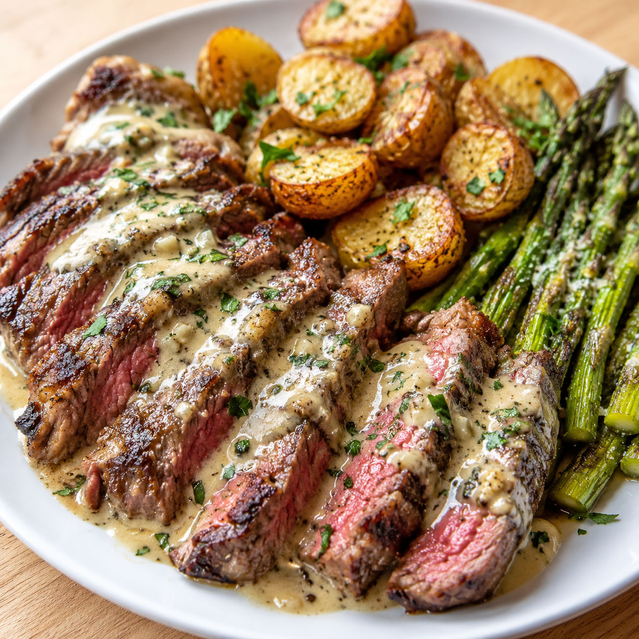 Creamy garlic parmesan steak with roasted potatoes and asparagus on a plate