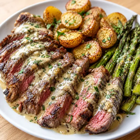 Creamy garlic parmesan steak with roasted potatoes and asparagus on a plate