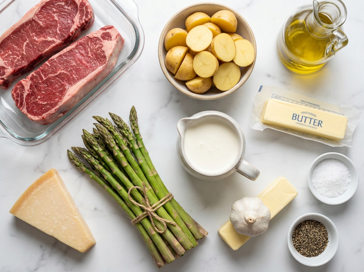 Raw steak, potatoes, asparagus, cream, parmesan, and garlic on a wooden board