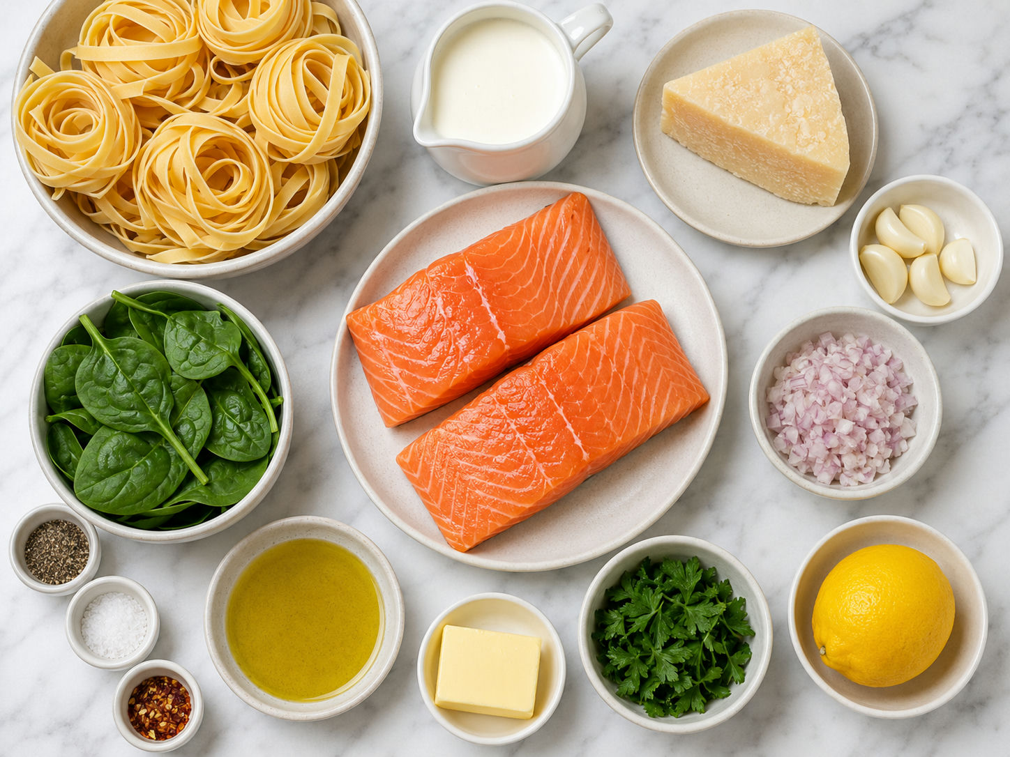 Salmon, fettuccine, cream, garlic, spinach, lemon, and parmesan for pasta