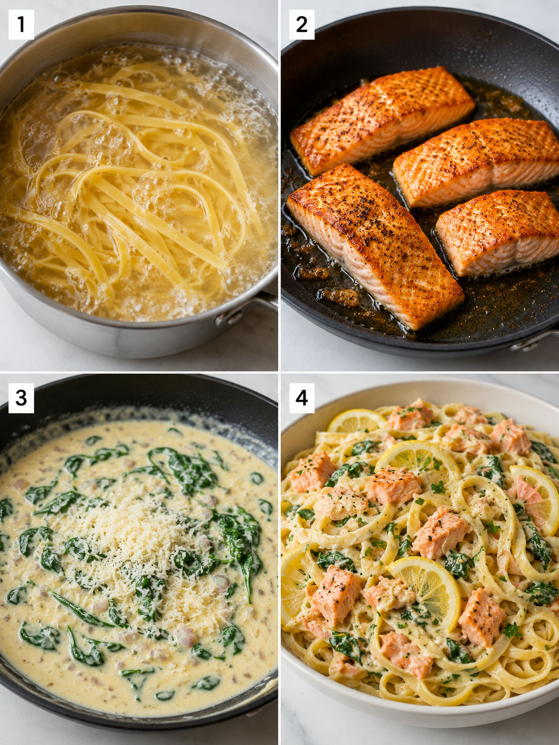 Four cooking steps for creamy garlic salmon pasta from boiling to tossing