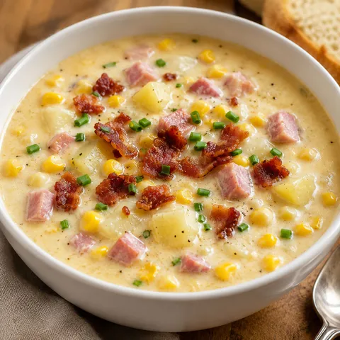 Creamy ham corn chowder with bacon, potatoes, corn, and chives