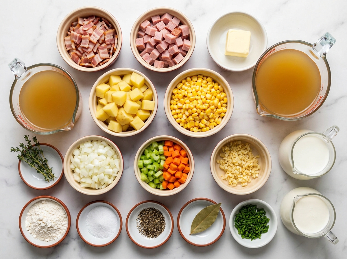 Ingredients for ham corn chowder with bacon, potatoes, milk, and cream