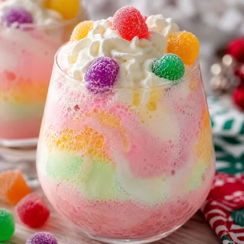 Creamy pink gumdrop punch with whipped cream and colorful candy