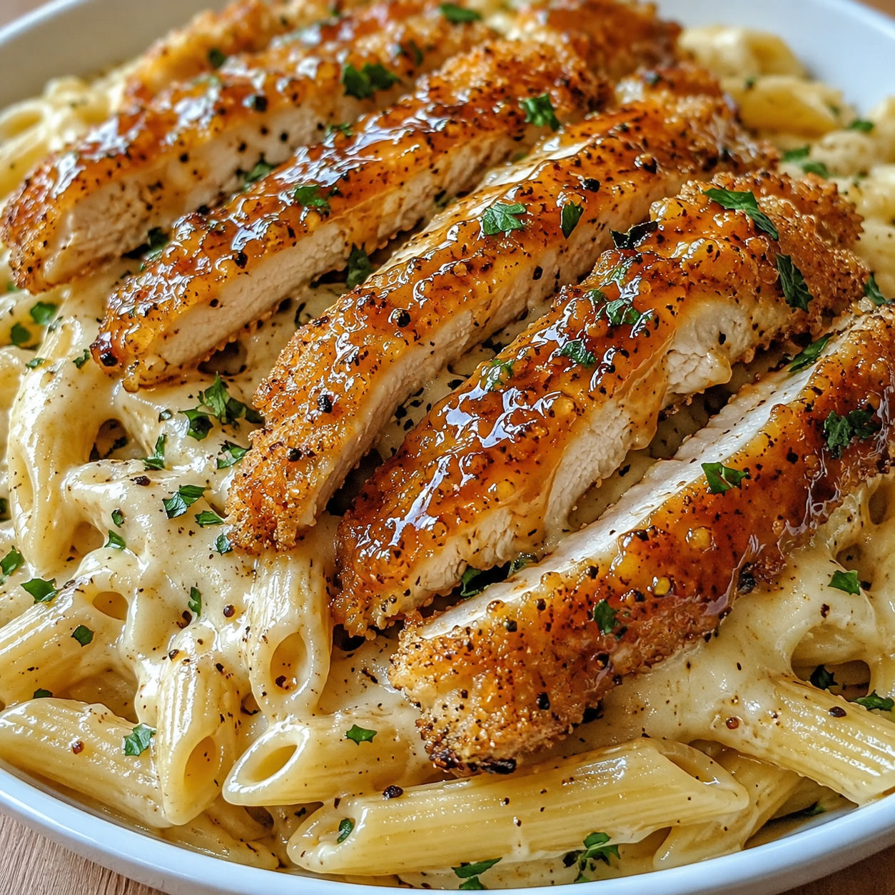 Creamy honey pepper chicken pasta with crispy chicken, glaze, and melted mozzarella