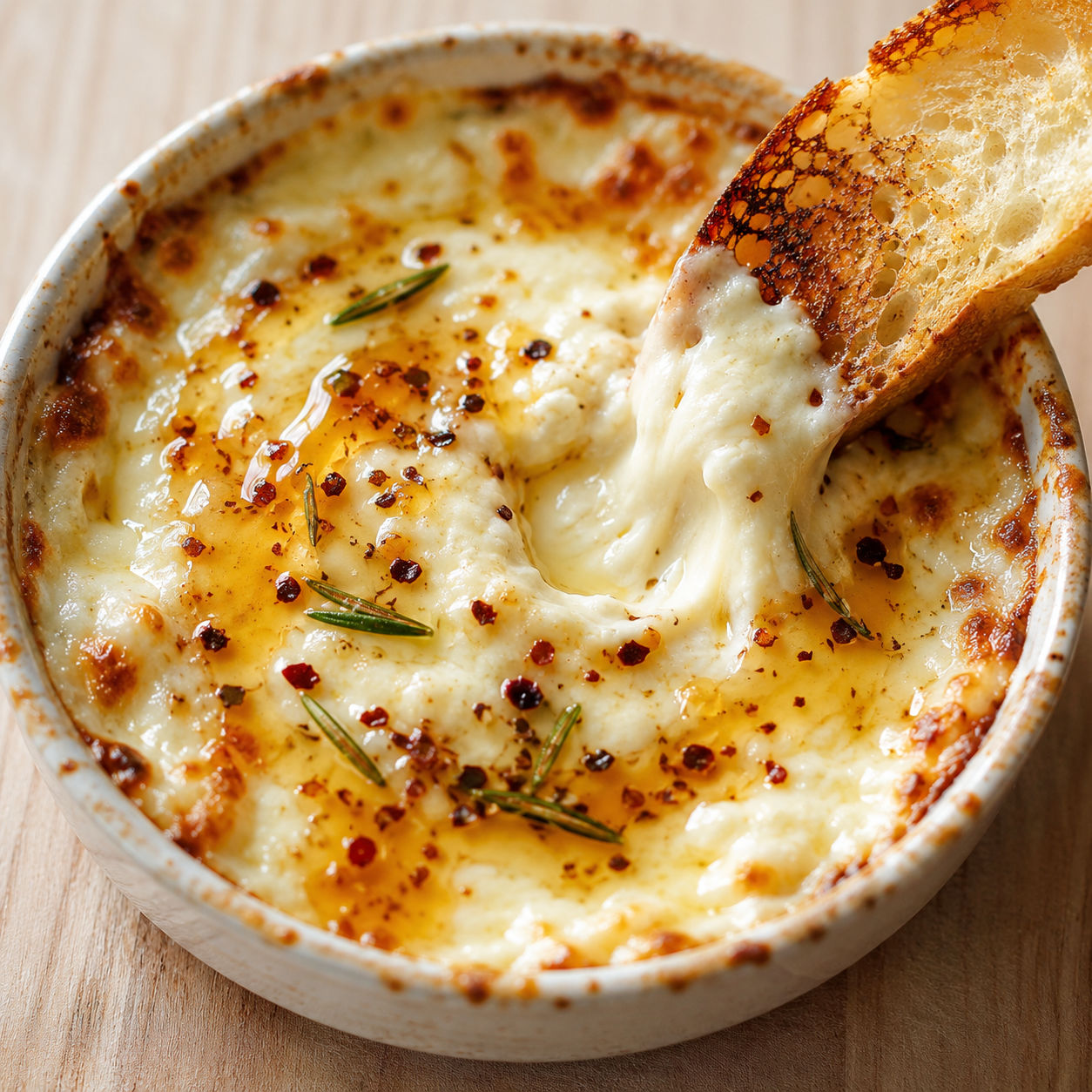 Creamy hot honey cheese dip with rosemary and toasted bread
