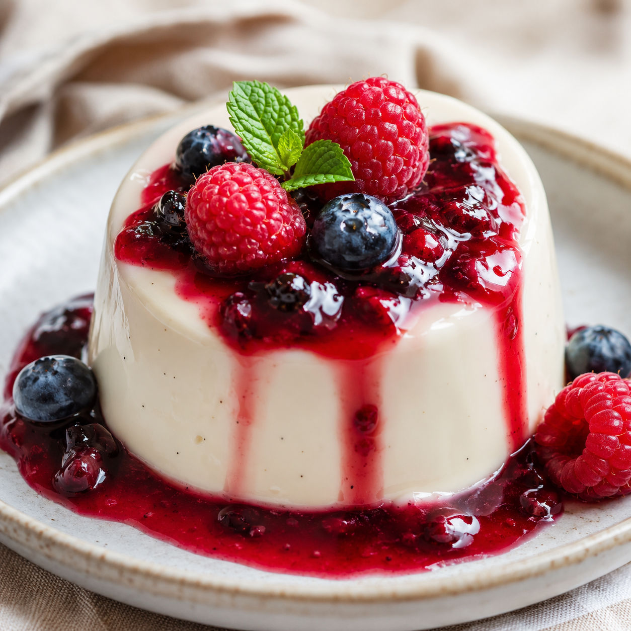 Vanilla panna cotta with mixed berry sauce and mint on a plate