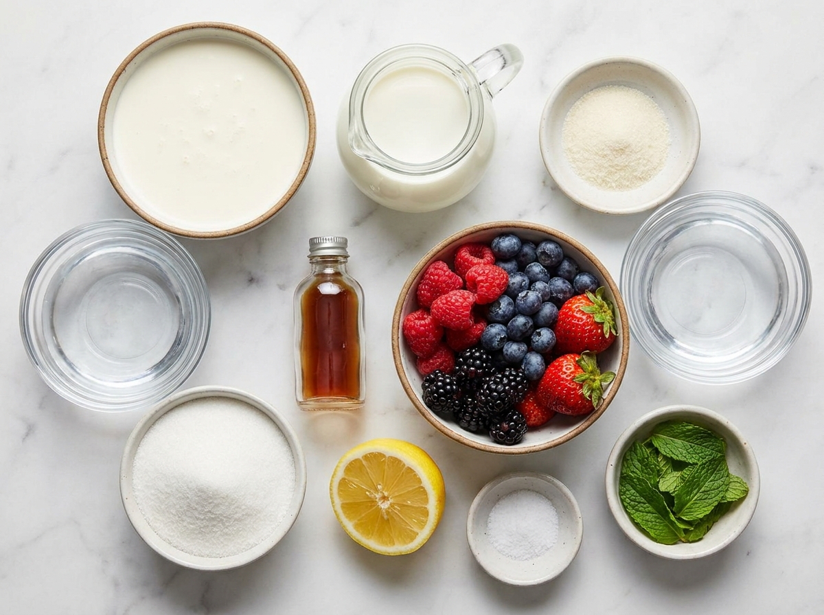 Ingredients for vanilla panna cotta with mixed berry sauce