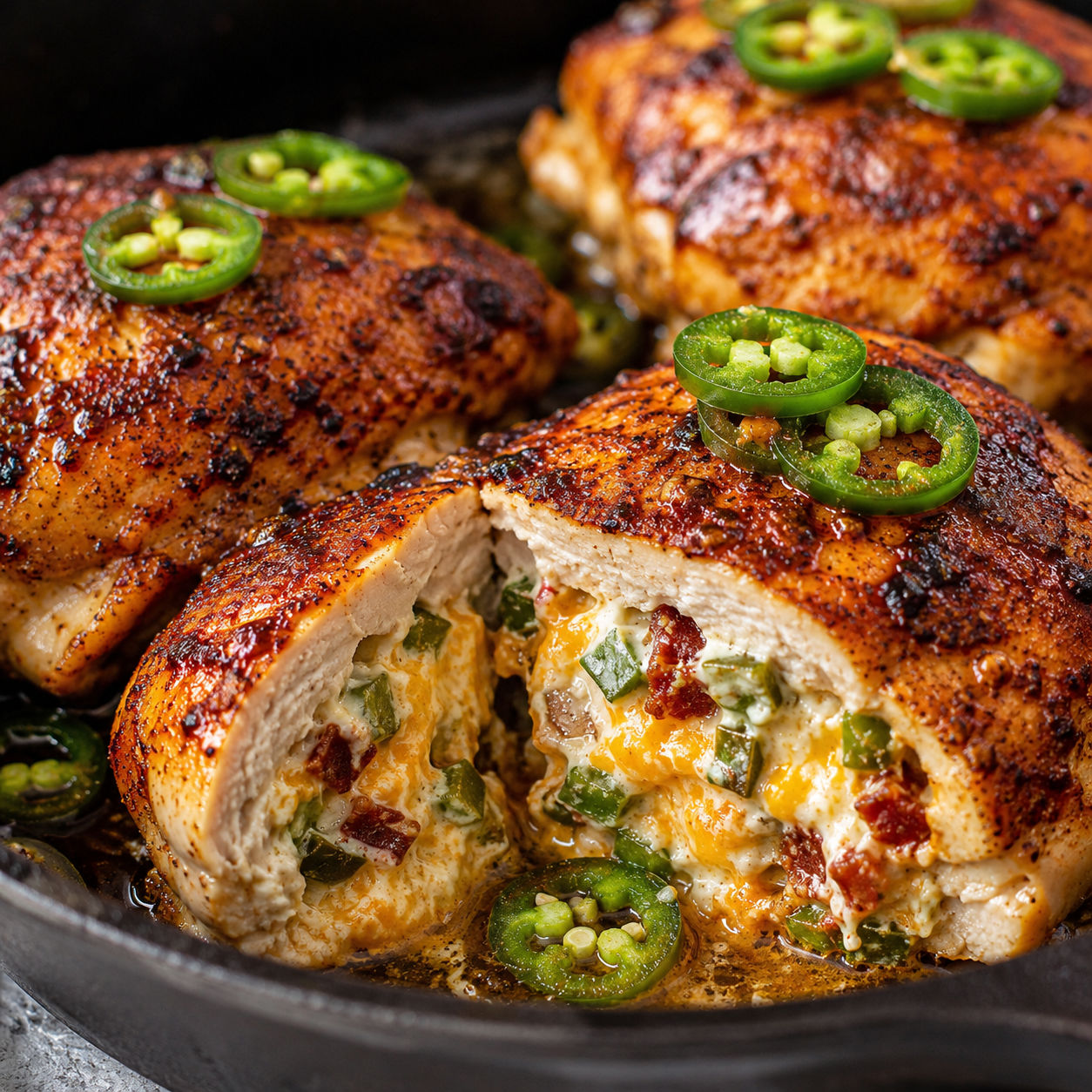 Creamy jalapeño popper stuffed chicken with melted cheese in a skillet