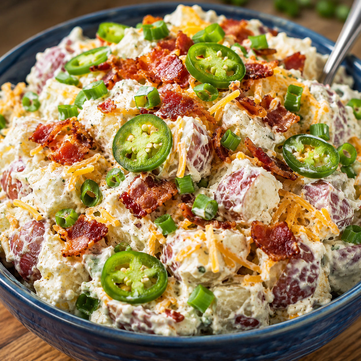 Creamy jalapeno popper potato salad with bacon and cheddar in a blue bowl