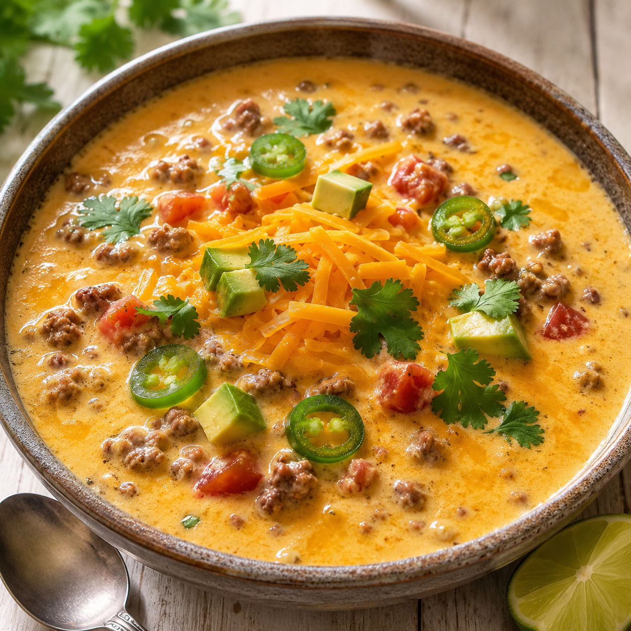Creamy keto queso soup with beef, cheddar, avocado, tomato, and cilantro