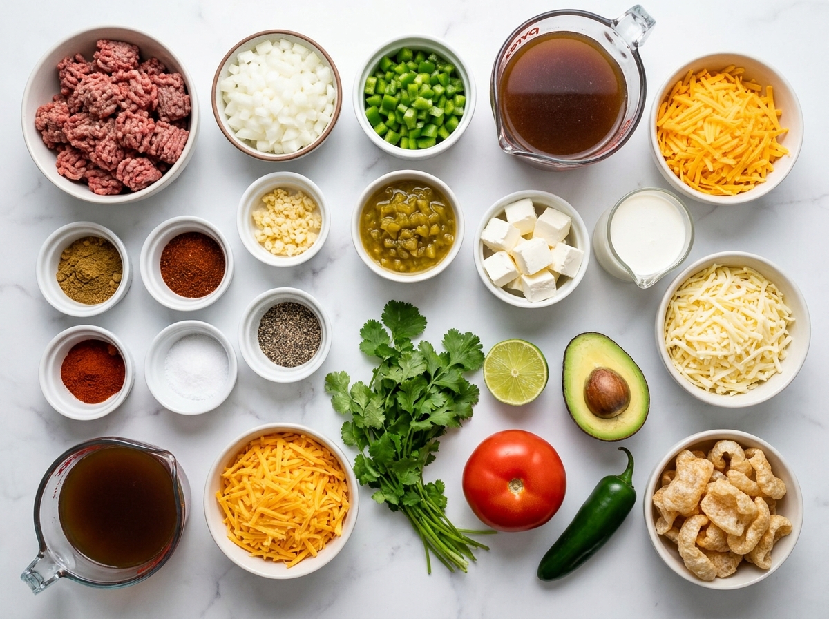 Ingredients for creamy keto queso soup with beef, cheeses, chiles, and toppings