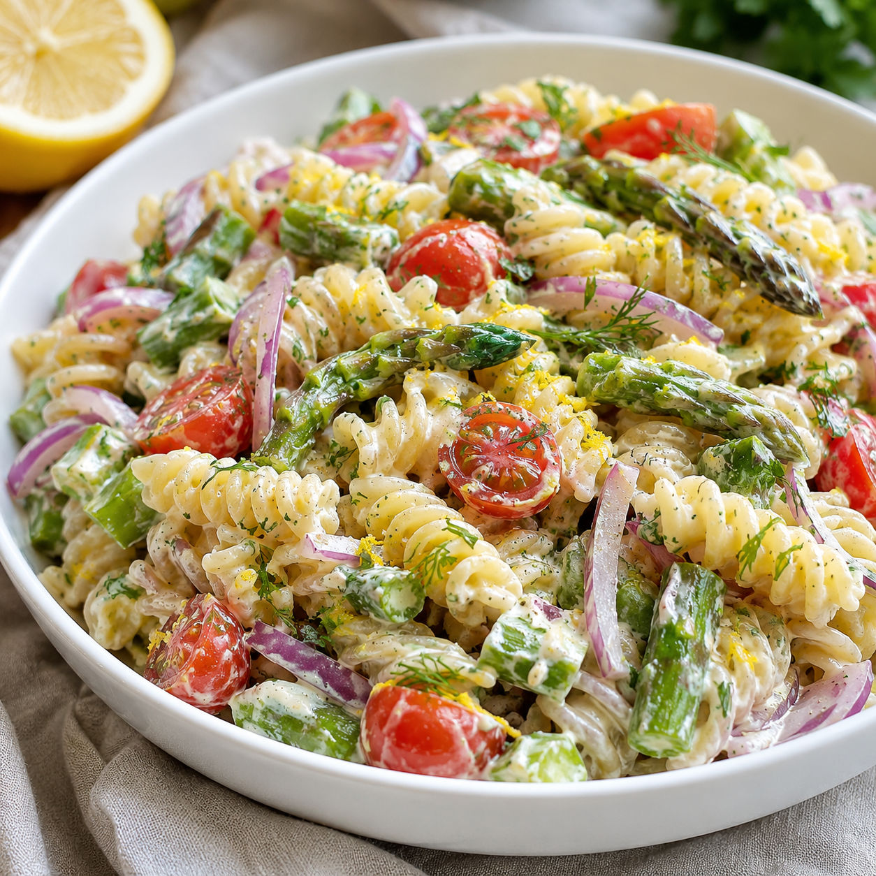 Creamy lemon asparagus pasta salad with tomatoes and herbs in a white bowl