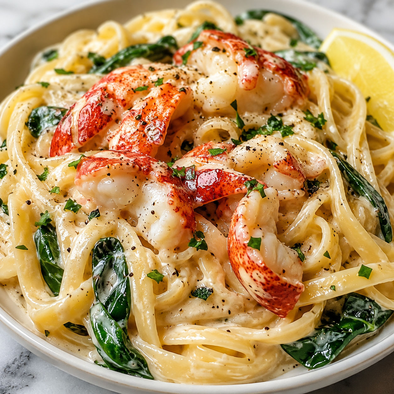 Lobster Alfredo pasta with Parmesan, spinach, parsley, and lemon