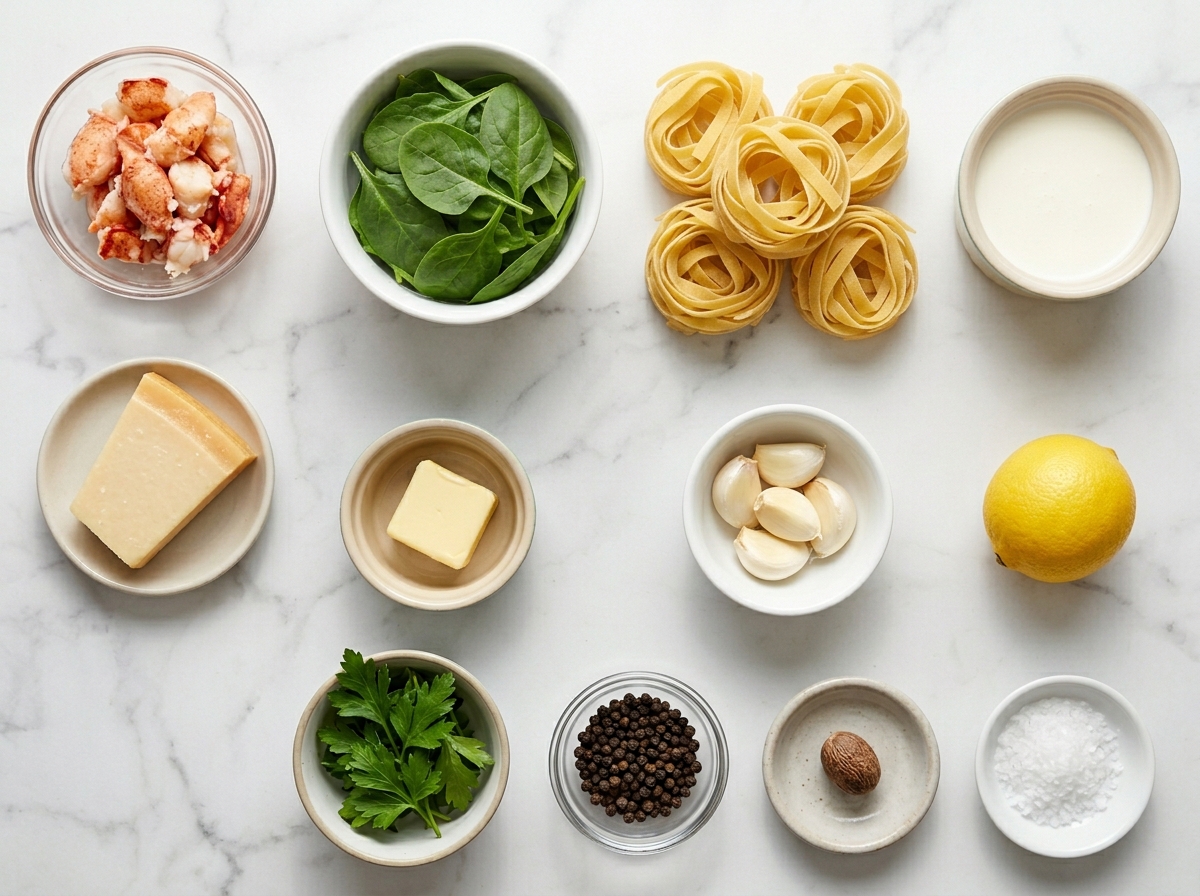 Ingredients for lobster Alfredo pasta with spinach and Parmesan