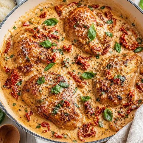 Creamy Marry Me Chicken with sun-dried tomatoes and basil in a skillet