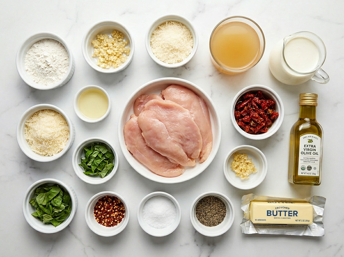Ingredients for creamy Marry Me Chicken with sun-dried tomatoes