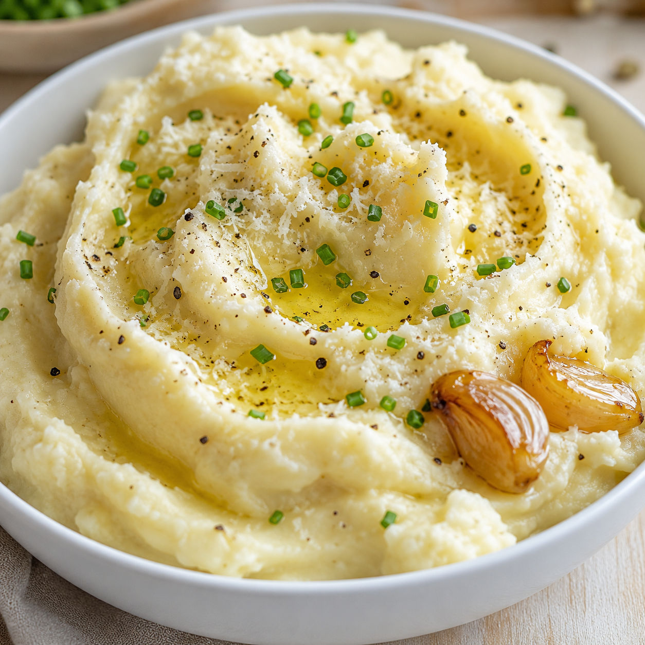 Creamy roasted garlic Parmesan mashed potatoes with butter and chives