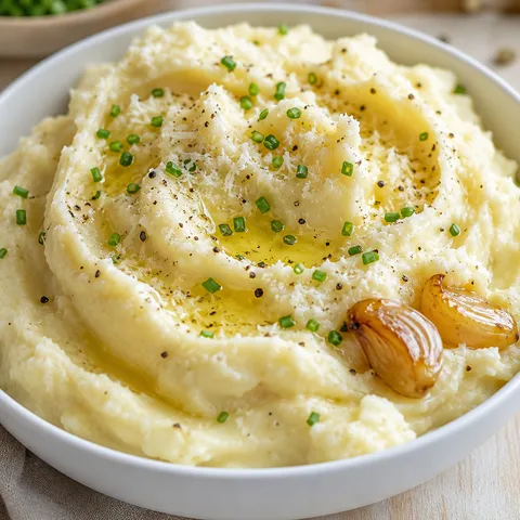 Creamy roasted garlic Parmesan mashed potatoes with butter and chives