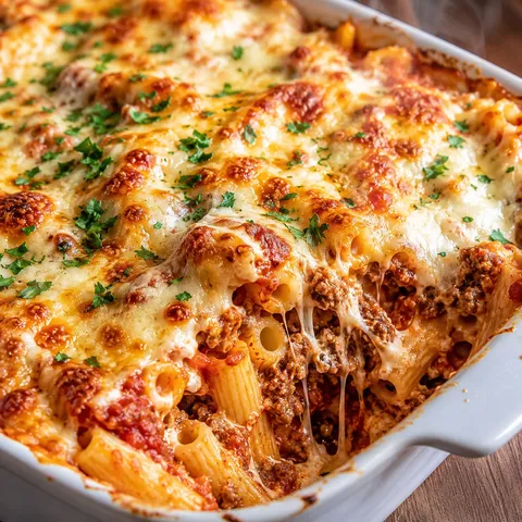 Creamy million dollar baked ziti with bubbly mozzarella and parsley