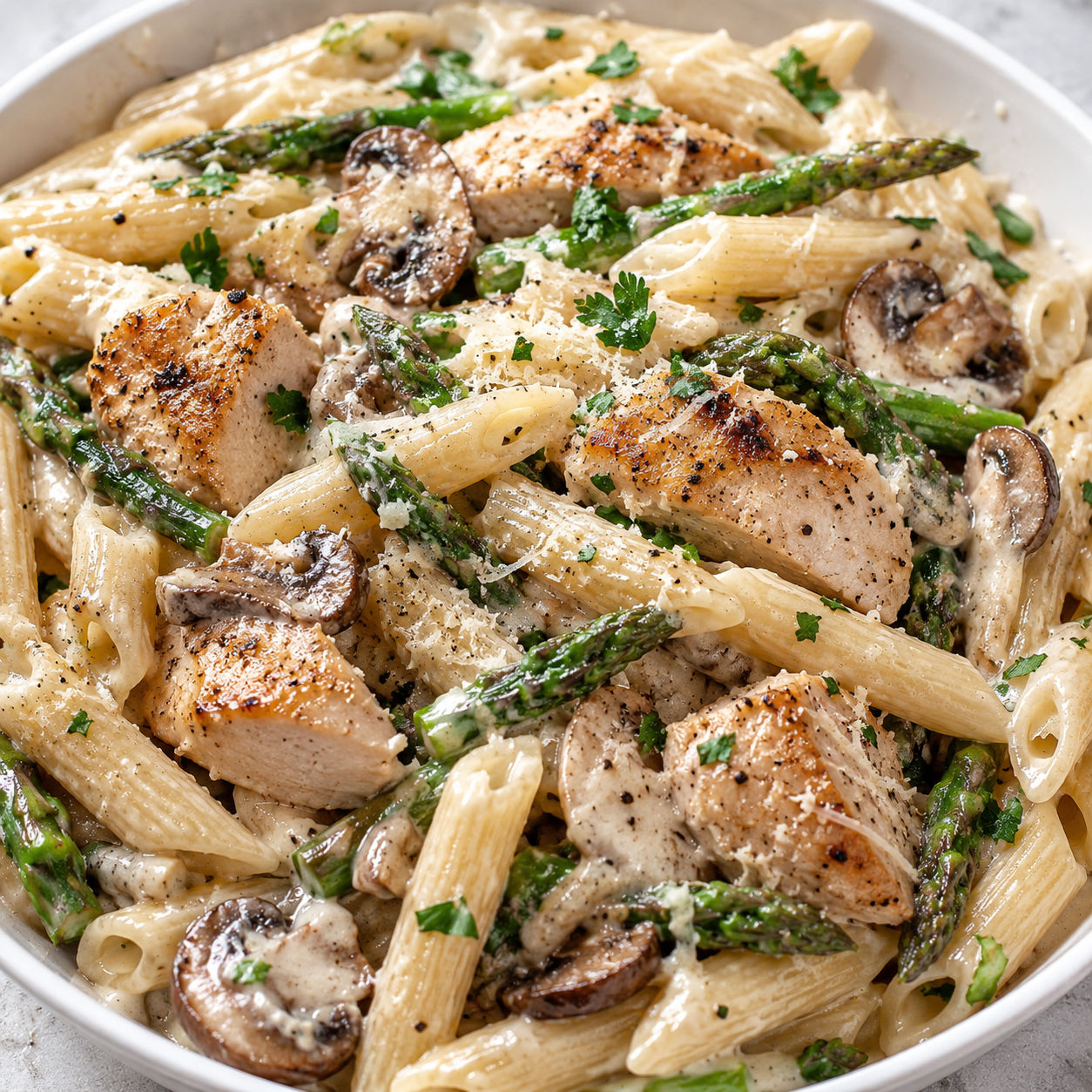 Creamy mushroom asparagus chicken penne with Parmesan and parsley
