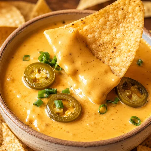 Creamy nacho cheese sauce with tortilla chips and jalapenos