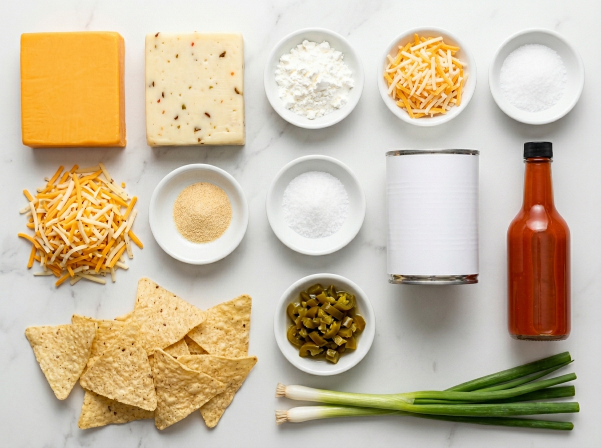 Ingredients for creamy nacho cheese sauce with cheddar and chips
