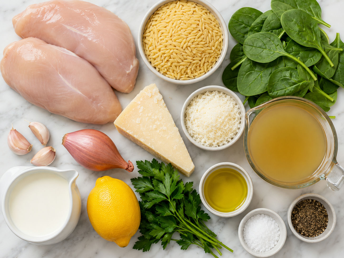 Ingredients for creamy Parmesan chicken and orzo on a wood surface