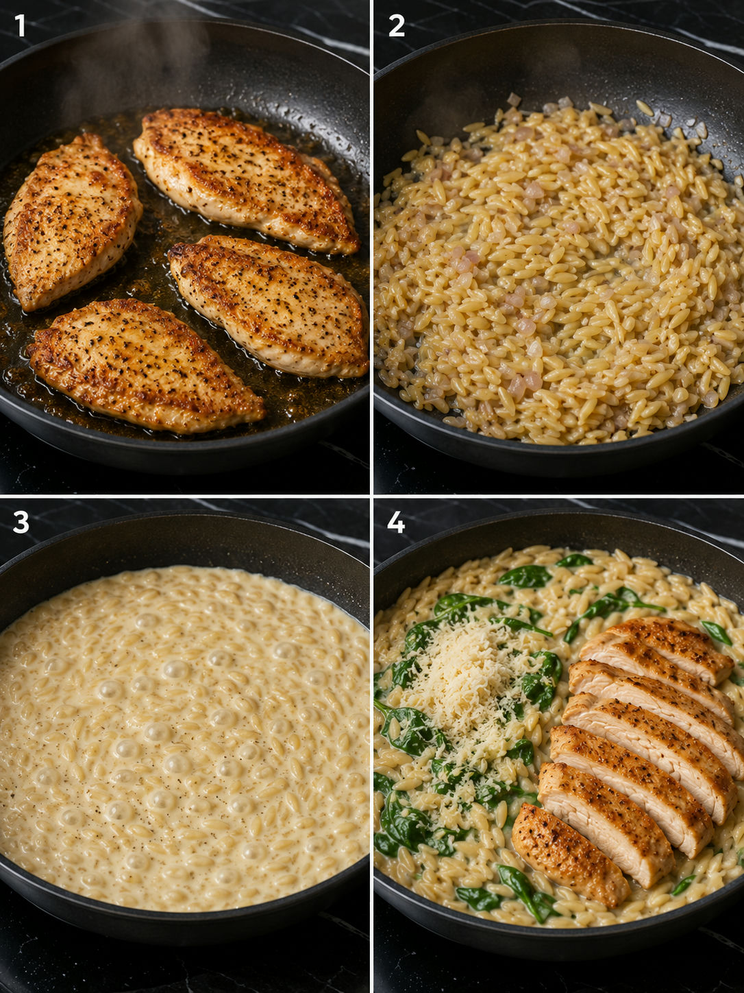 Four cooking steps for creamy Parmesan chicken and orzo