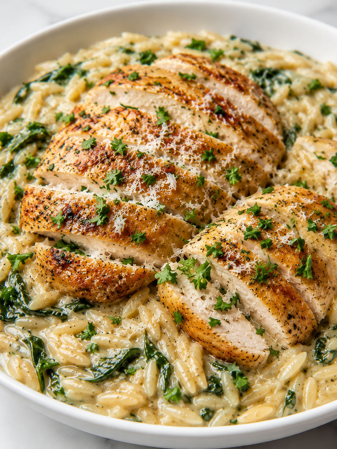 Creamy Parmesan chicken and orzo with golden sliced chicken