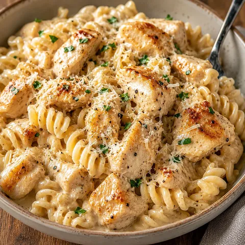 Creamy Parmesan chicken with rotini, parsley, and grated cheese