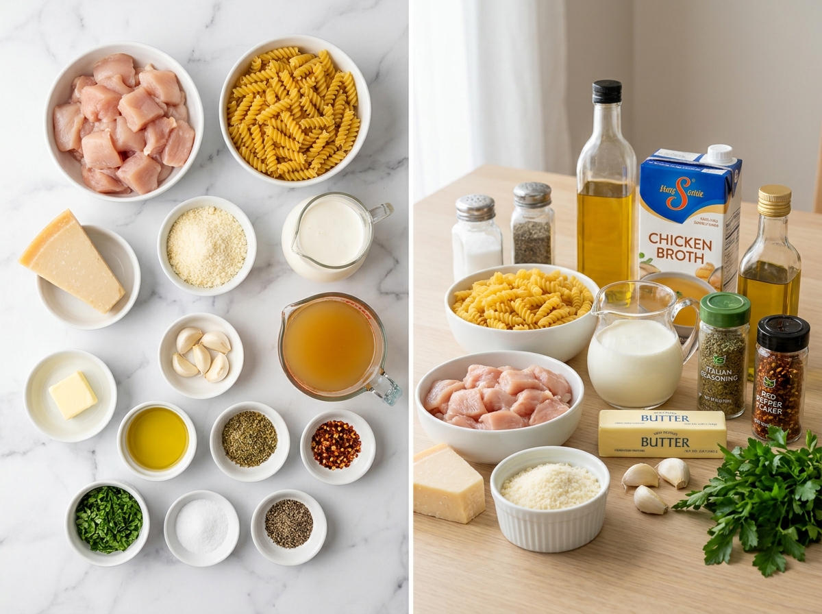 Ingredients for creamy Parmesan chicken rotini on a wooden surface