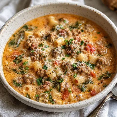 Creamy Parmesan Italian sausage soup with ditalini, spinach, and parsley