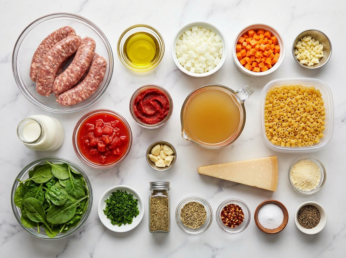 Ingredients for Creamy Parmesan Italian sausage soup on a wooden surface