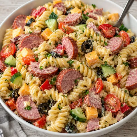 Creamy pasta salad with summer sausage, cheddar, tomatoes, and herbs