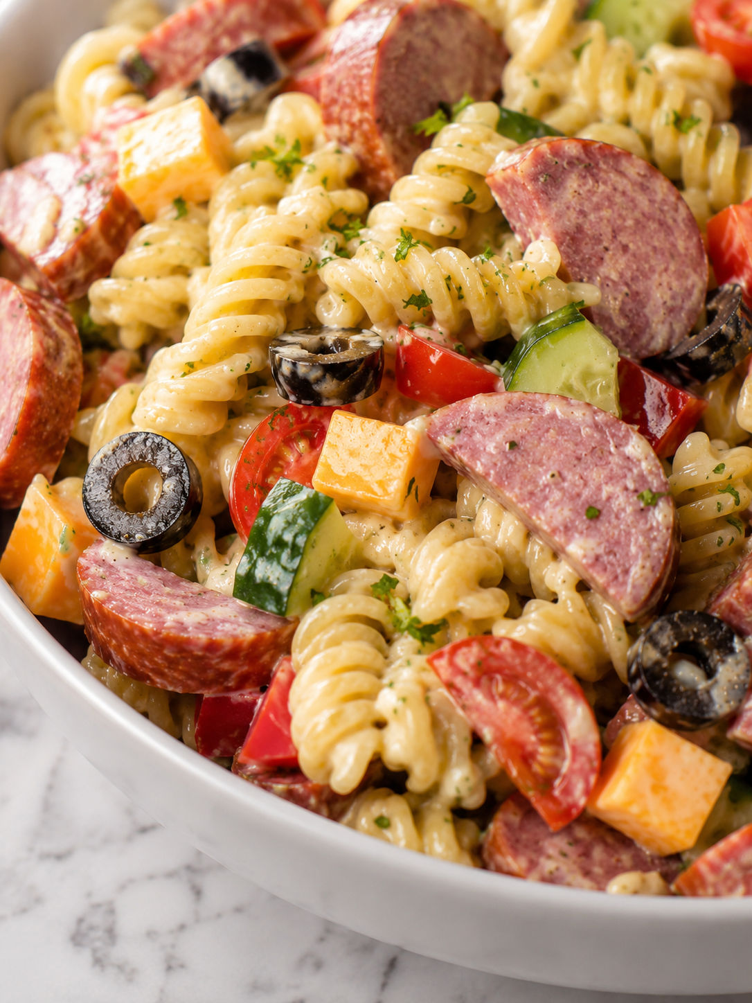 Creamy Pasta Salad with Summer Sausage, plated and served