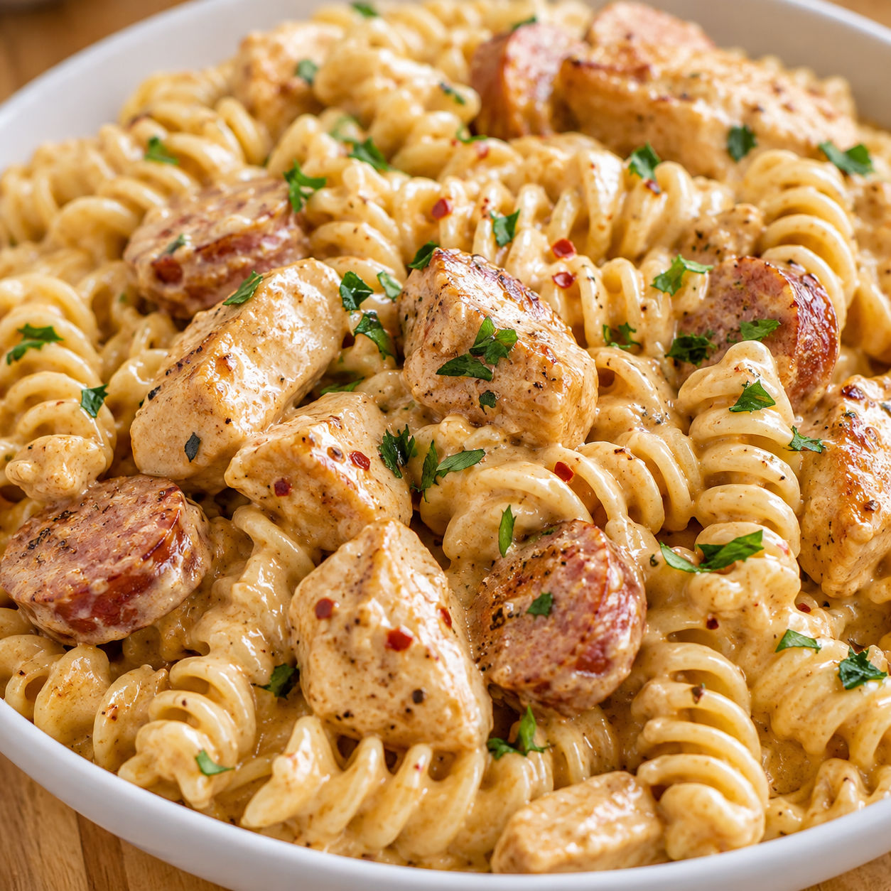 Creamy pepper jack pasta with chicken, sausage, and parsley