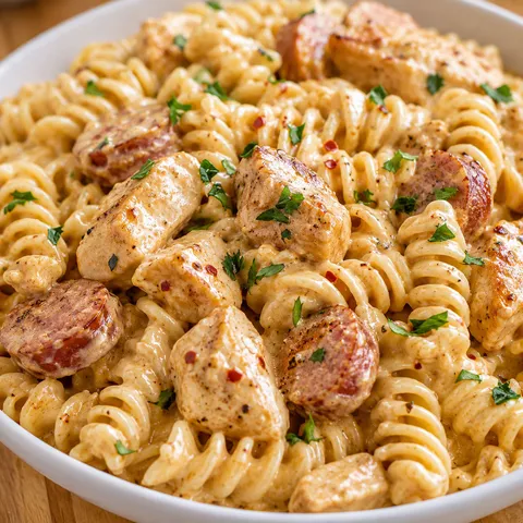Creamy pepper jack pasta with chicken, sausage, and parsley