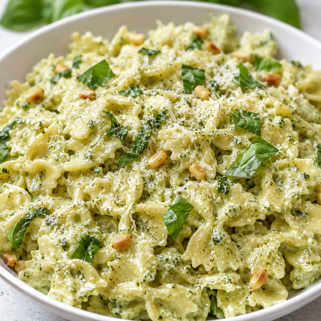 Creamy pesto farfalle with Parmesan, basil, and pine nuts