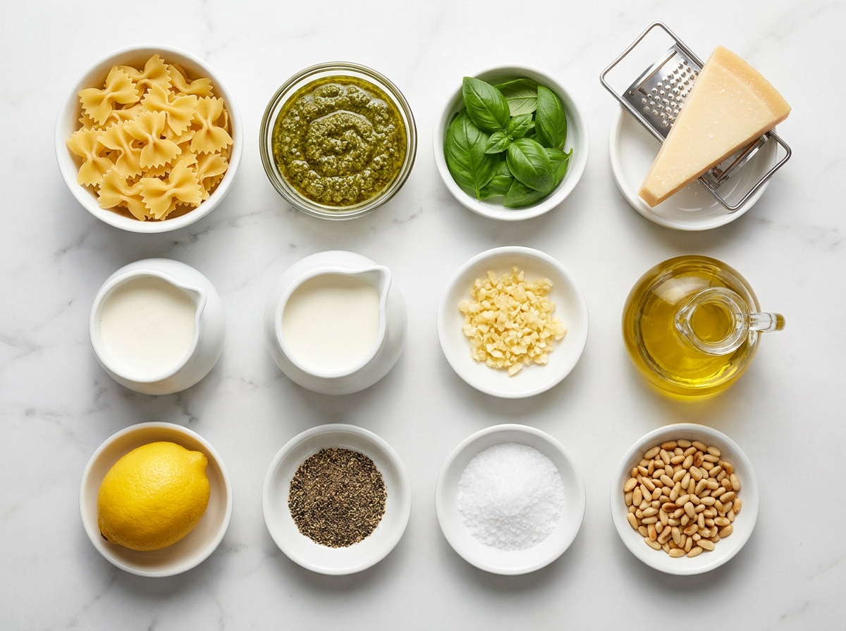 Ingredients for creamy pesto pasta with basil and Parmesan