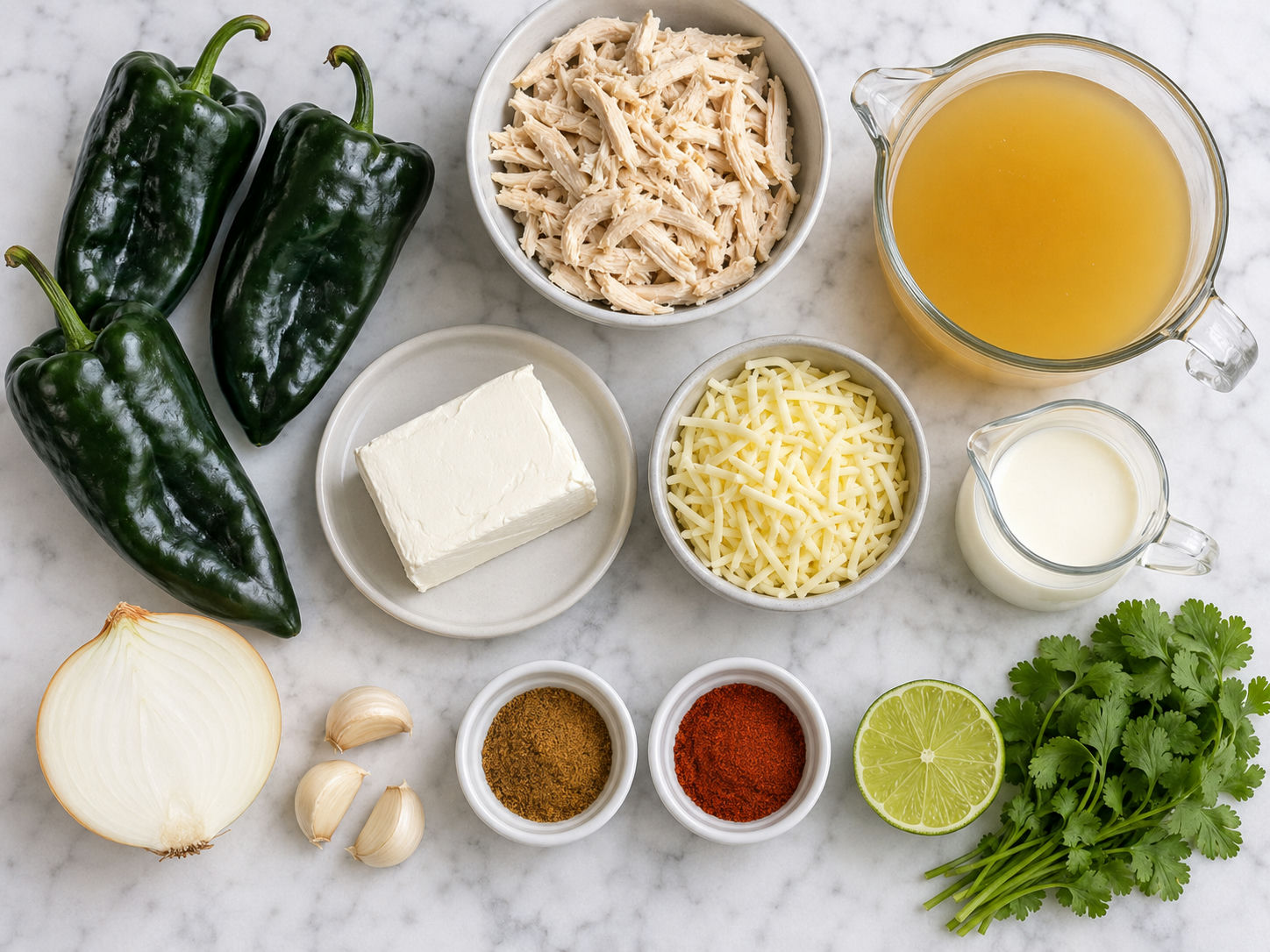 Raw ingredients for creamy poblano chicken rellenos soup arranged on a wooden surface